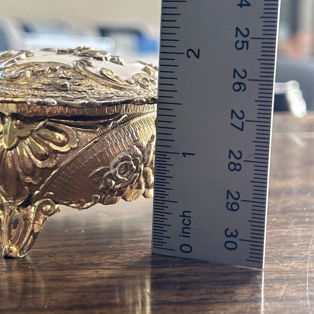Vintage Japan Heart Shaped Trinket Jewelry Box Gold Tone Roses Red Velvet Footed